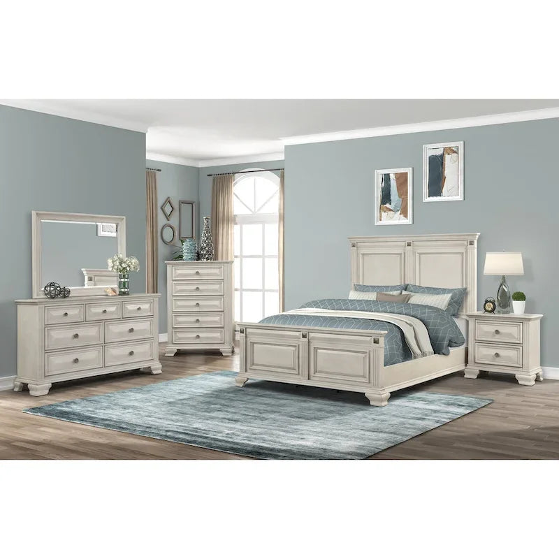 Chambre à coucher en bois d'aspect vieilli parchemin avec lit à panneaux, commode, miroir, table de chevet, chiffonnier