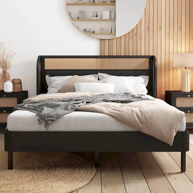Lit plateforme Queen en bois de rotin Cannage moderne, noir