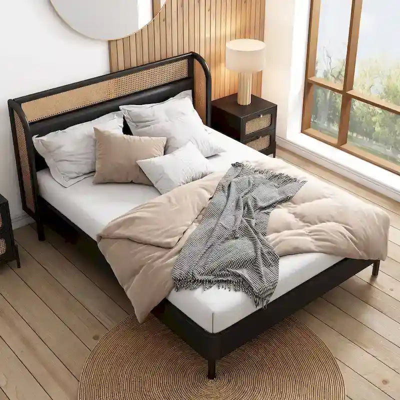 Lit plateforme Queen en bois de rotin Cannage moderne, noir