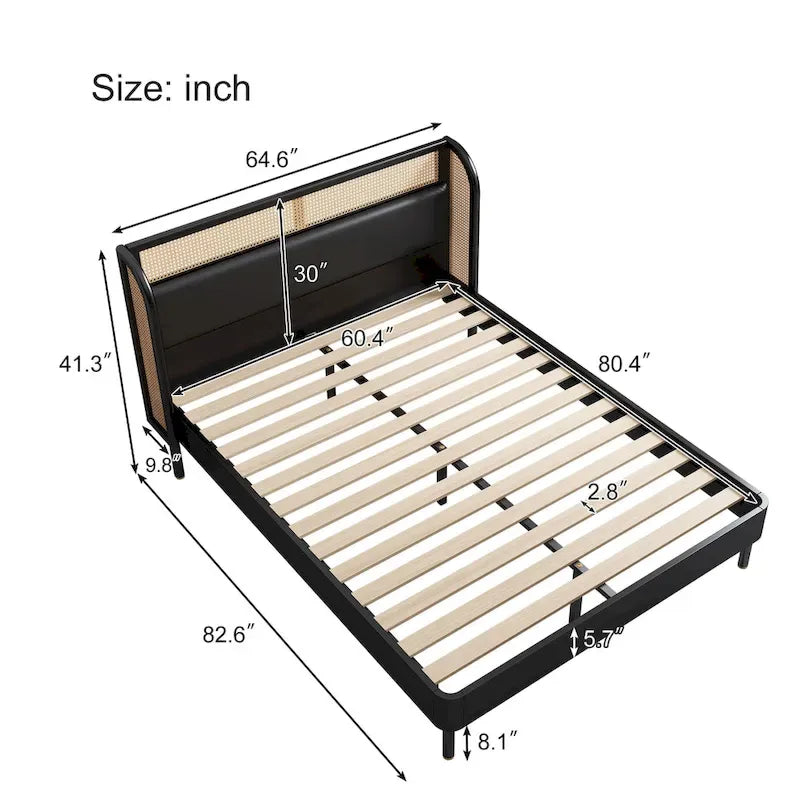 Lit plateforme Queen en bois de rotin Cannage moderne, noir