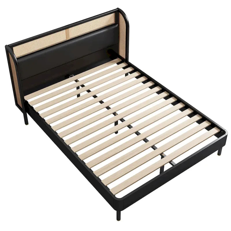 Lit plateforme Queen en bois de rotin Cannage moderne, noir