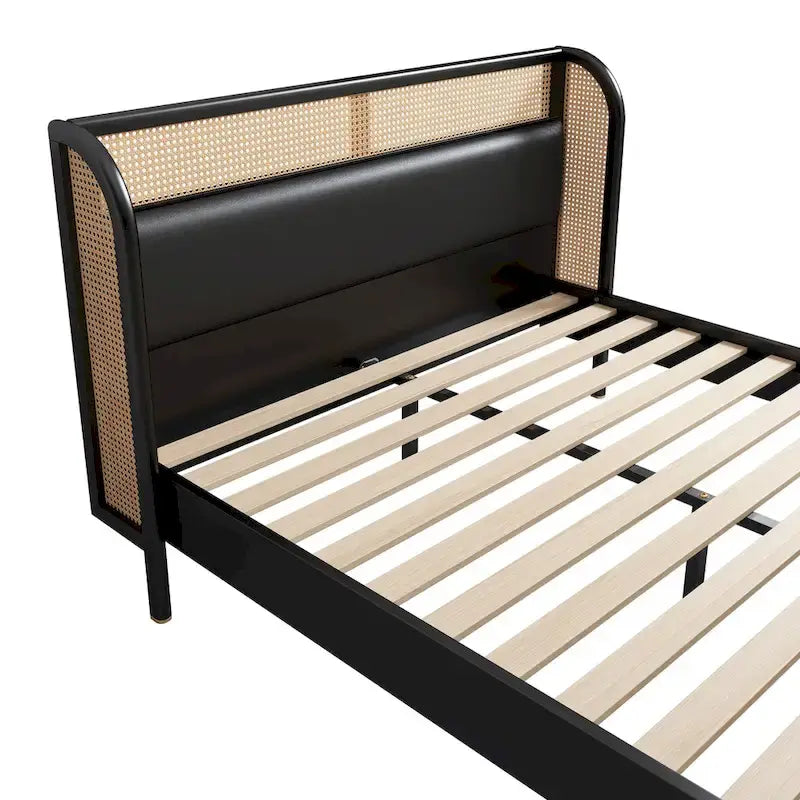Lit plateforme Queen en bois de rotin Cannage moderne, noir
