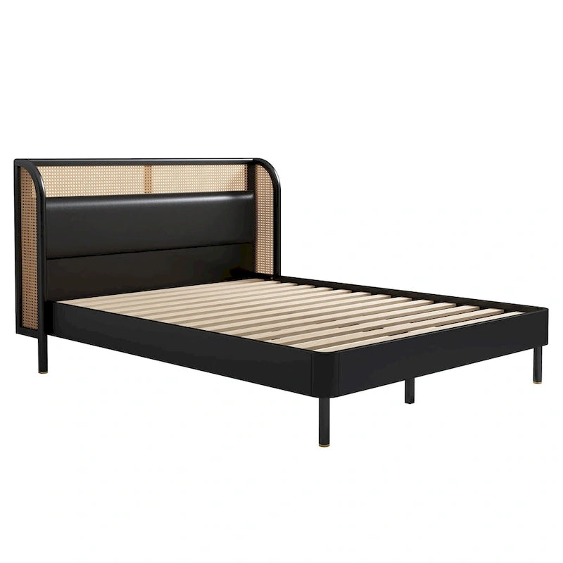 Lit plateforme Queen en bois de rotin Cannage moderne, noir