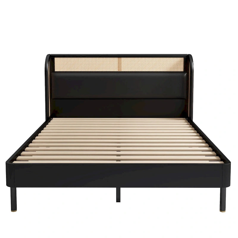 Lit plateforme Queen en bois de rotin Cannage moderne, noir