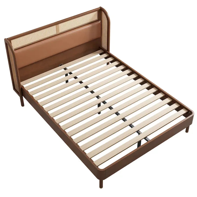 Lit plateforme Queen en bois de rotin Cannage moderne, noir
