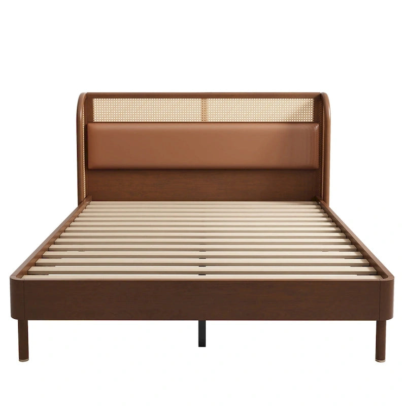 Lit plateforme Queen en bois de rotin Cannage moderne, noir