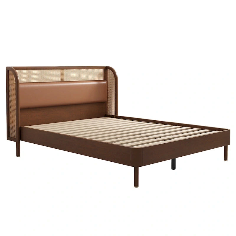Lit plateforme Queen en bois de rotin Cannage moderne, noir