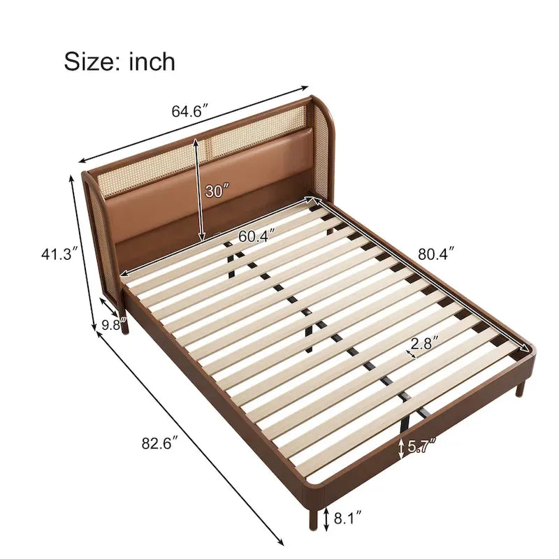 Lit plateforme Queen en bois de rotin Cannage moderne, noir