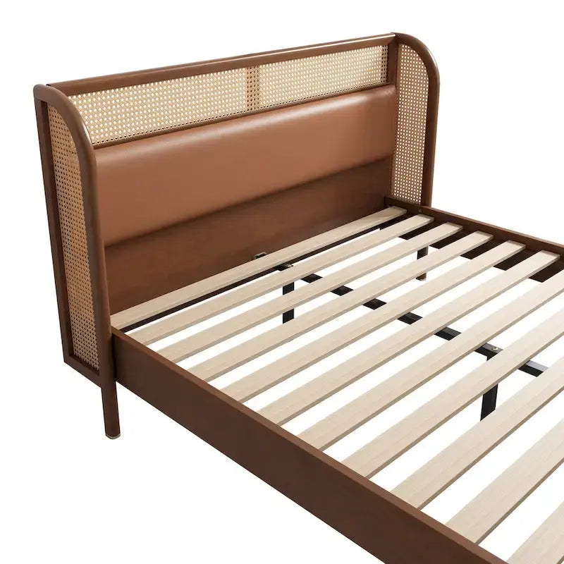 Lit plateforme Queen en bois de rotin Cannage moderne, noir