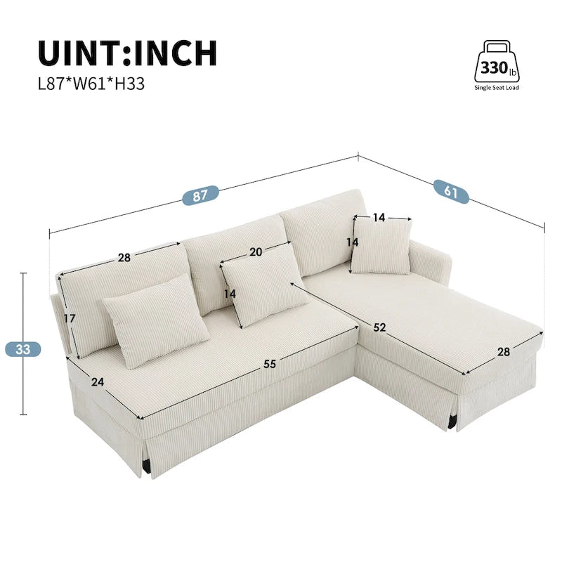 Canapé d'angle moderne en velours côtelé 87*61 avec méridienne réversible, sectionnel rembourré 4 places, mobilier d'intérieur