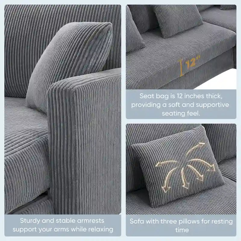 Canapé d'angle moderne en velours côtelé 87*61 avec méridienne réversible, sectionnel rembourré 4 places, mobilier d'intérieur