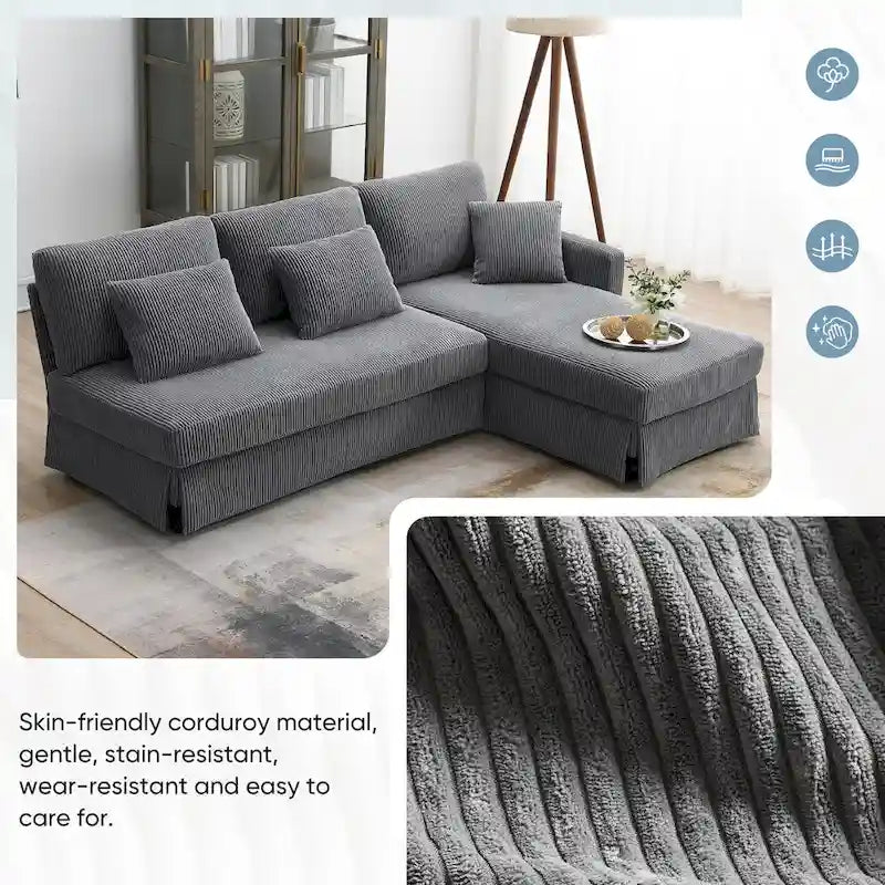 Canapé d'angle moderne en velours côtelé 87*61 avec méridienne réversible, sectionnel rembourré 4 places, mobilier d'intérieur