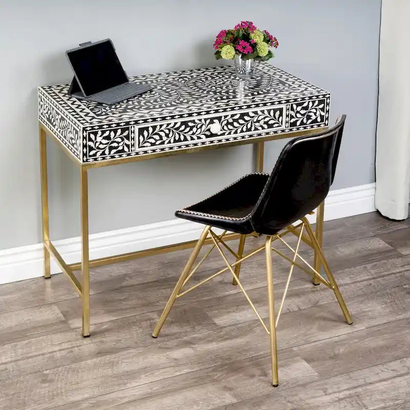 Bureau noir et blanc avec incrustations en os