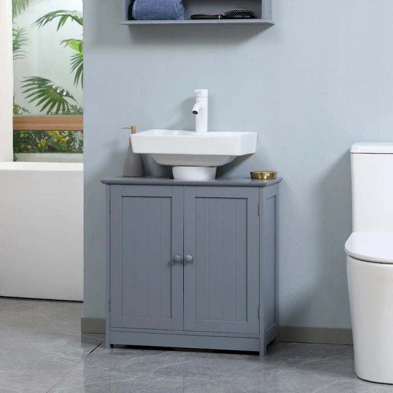 Meuble sous-lavabo de salle de bain avec 2 portes et étagère, Meuble-lavabo de salle de bain pour lavabo sur colonne