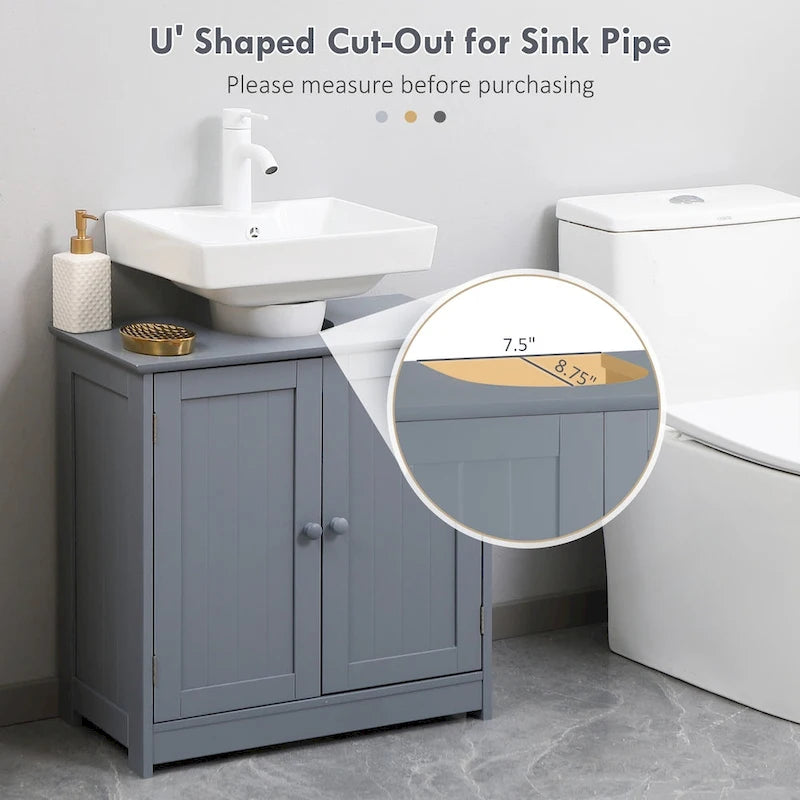 Meuble sous-lavabo de salle de bain avec 2 portes et étagère, Meuble-lavabo de salle de bain pour lavabo sur colonne